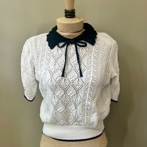 White and Black Women's Sweater with Lace Collar